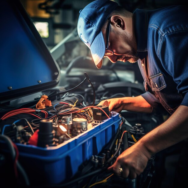 Técnico Mãos de mecânico de automóveis trabalhando em reparação em reparação de automóveis Serviço de bateria elétrica Manutenção