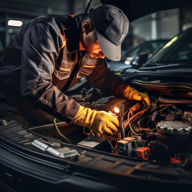 Técnico Mãos de mecânico de automóveis trabalhando em reparação em reparação de automóveis Serviço de bateria elétrica Manutenção