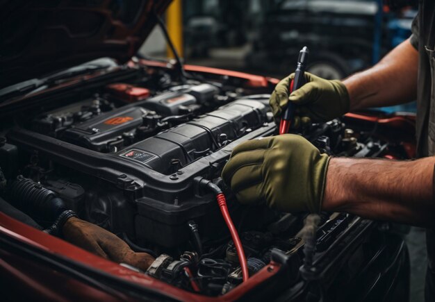 Foto técnico mãos de mecânico de automóveis trabalhando em reparação em reparação de automóveis serviço de bateria elétrica