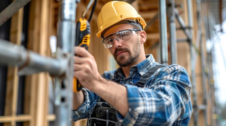 Técnico masculino apretando tornillos con un destornillador durante una construcción metálica al aire libre