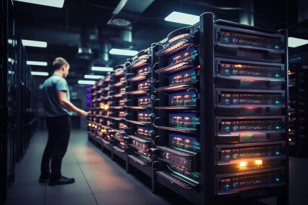 Técnico masculino caminando por el pasillo entre los racks de servidores en un centro de datos con iluminación azul