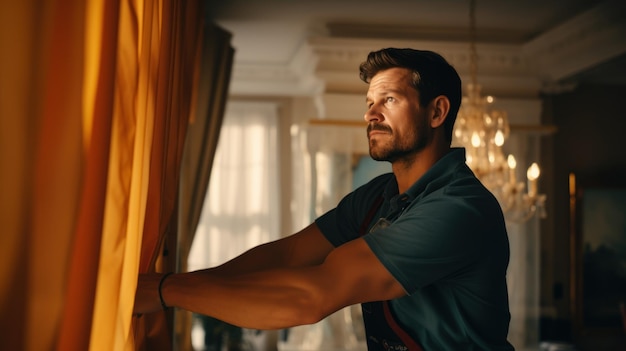 Foto un técnico masculino está instalando barras de cortina y cenefas en la casa servicios de asistencia y reparación del hogar