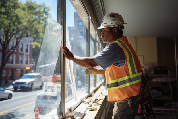 Técnico masculino midiendo el marco de la ventana en la construcción