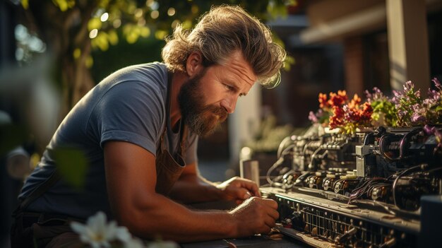 Técnico masculino reparando computador em uma garagem