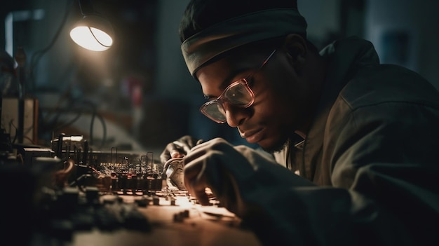 Técnico masculino reparando placa de circuito electrónico con soldador