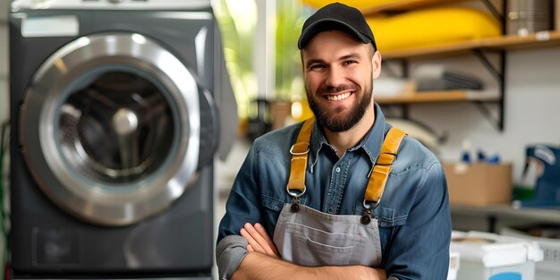 Técnico masculino sorridente em uniforme posa em uma loja de reparação de eletrodomésticos conceito de serviço de artesão profissional AI