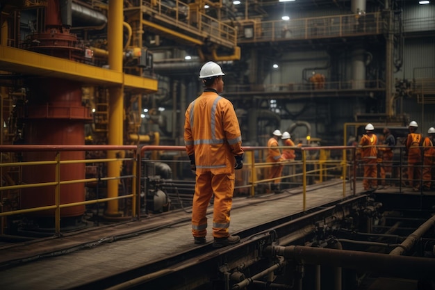 Técnico masculino supervisa un equipo de trabajadores en una fábrica de petróleo