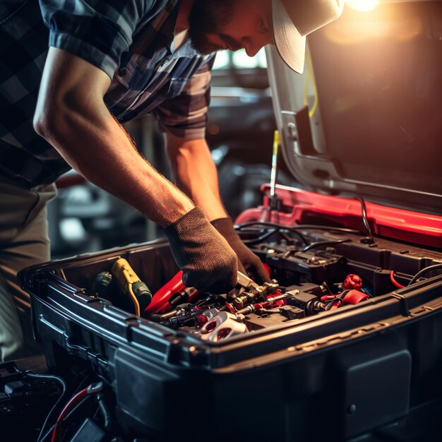 Técnico Mecánico de automóviles que trabaja en la reparación de automóviles Servicio de batería eléctrica Mantenimiento