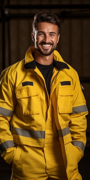 Técnico médico de emergencia en fondo amarillo sólido