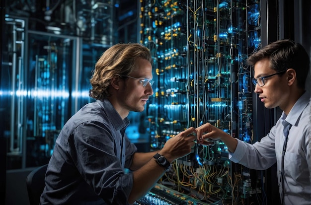 Técnico observando los racks de los servidores en un centro de datos