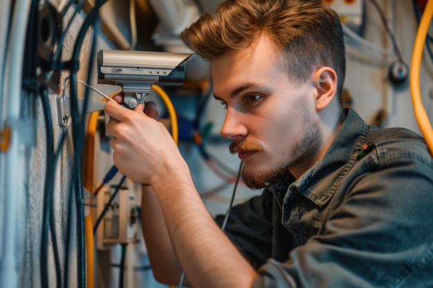 Técnico ocupado a reparar uma câmara de segurança num escritório moderno.