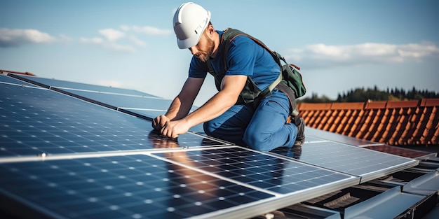 Técnico de paneles solares instala paneles solares en el techo