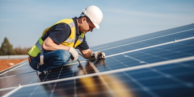 Técnico de paneles solares instala paneles solares en el techo