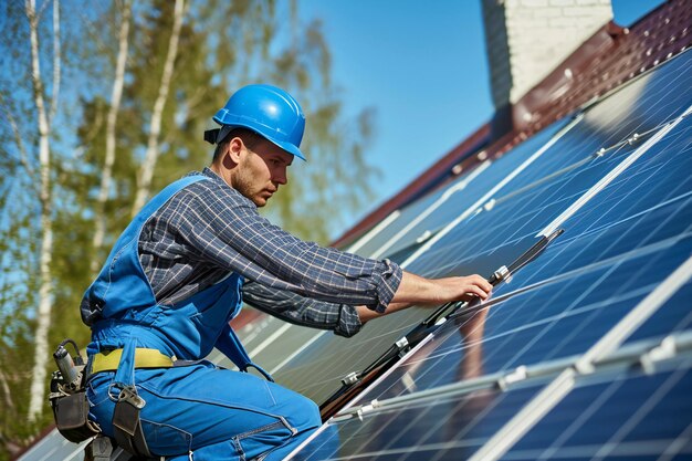 Técnico de paneles solares instalando paneles solares en un día soleado