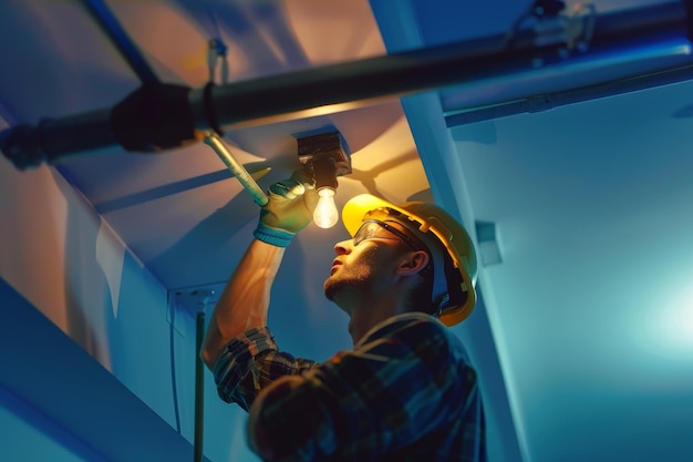 Foto un técnico de pie en una escalera reparando un ventilador de techo en una habitación un técnico reemplazando una lámpara