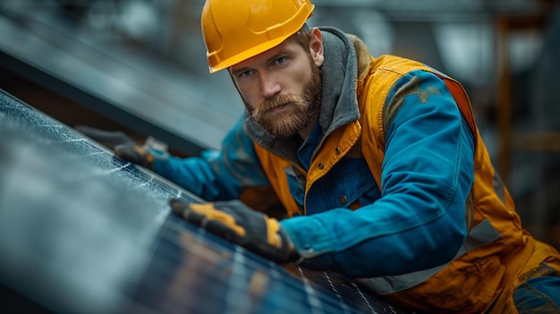 Técnico profissional em equipamentos de segurança instala meticulosamente painéis solares modernos em um telhado residencial sob um céu azul claro