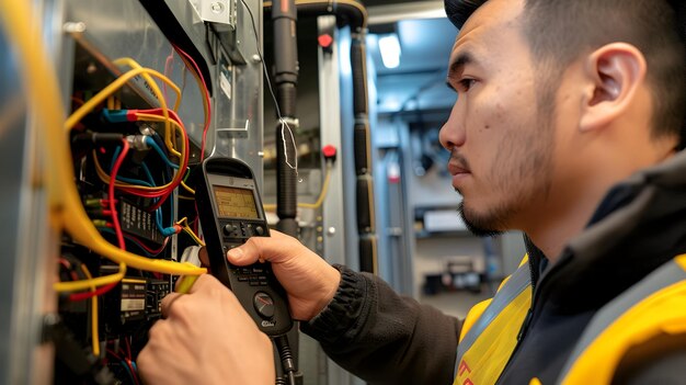 Foto técnico qualificado a solucionar problemas de sistema de hvac com equipamento de diagnóstico para um conforto óptimo em todas as estações