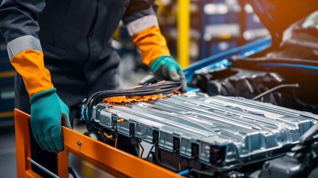 Foto técnico qualificado para a manutenção de automóveis híbridos com substituição de baterias