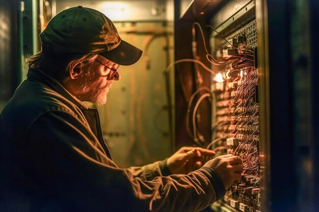 Técnico que se concentra en el cableado de paneles eléctricos