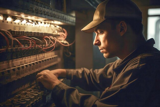 Técnico que se concentra en el cableado de paneles eléctricos