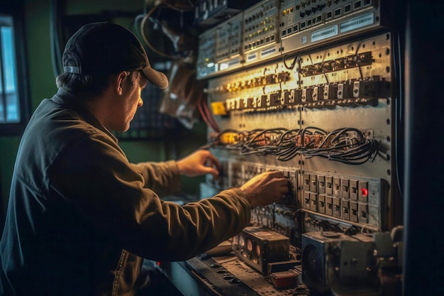 Técnico que se concentra en el cableado de paneles eléctricos