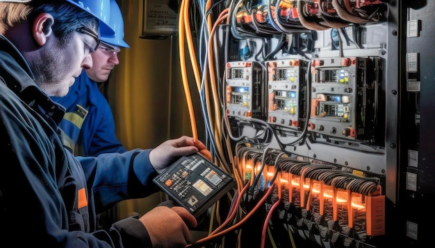 Técnico que se concentra en el cableado de paneles eléctricos