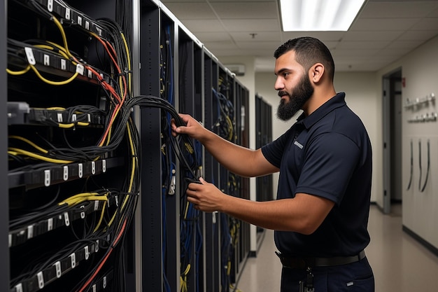 Foto técnico que organiza los cables del servidor utilizando lazos de cables y correas de velcro