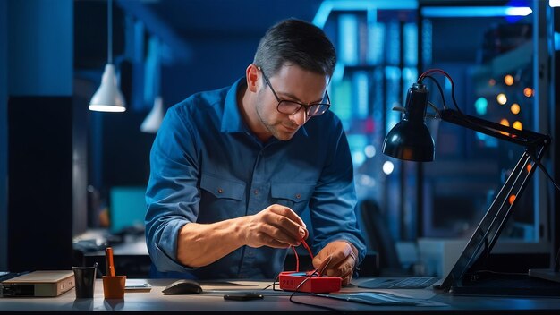 Técnico que usa un multímetro para la medición de voltaje, soporte para computadora portátil.