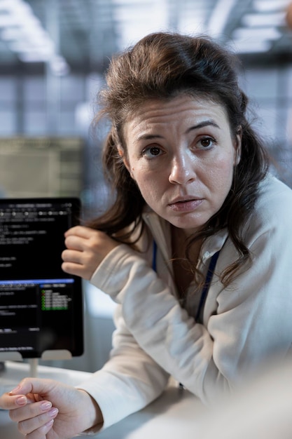 Técnico que utiliza una tableta para implementar medidas de ciberseguridad en el centro de datos