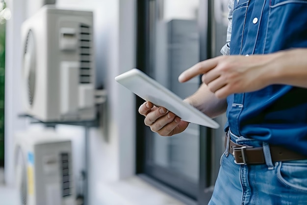 Foto técnico que utiliza una tableta para el mantenimiento del acondicionador de aire lista de comprobación durante el servicio en el hogar concepto mantenimiento del acondicionado de aire tabla de uso servicio en el hogar lista de verificación del técnico inspección técnica