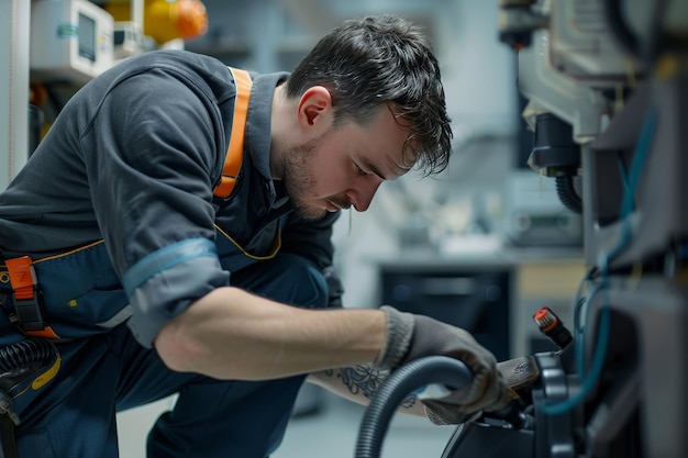 Un técnico de reparación de aspiradoras arreglando una aspiradora destacando la experiencia en reparación de aspiraciones