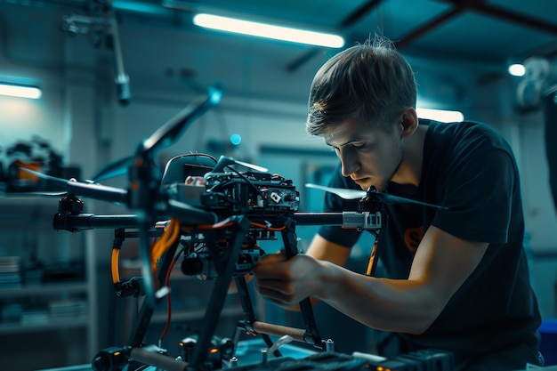 Un técnico de reparación de drones reparando un drone dañado destacando la experiencia en reparación de Drones