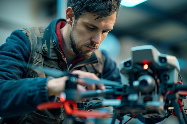 Un técnico de reparación de drones reparando un drone dañado destacando la experiencia en reparación de Drones