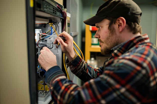 Un técnico de reparación de electrodomésticos que repara un refrigerador roto mostrando sus habilidades de reparación