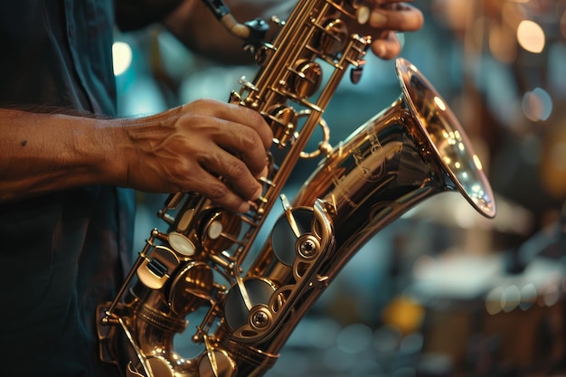 Un técnico de reparación de instrumentos musicales arreglando un saxofón mostrando su experiencia en la reparación de saxofones