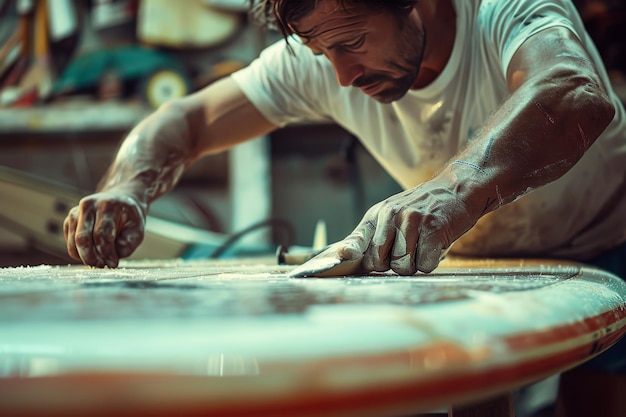 Un técnico de reparación de tablas de surf arreglando una aleta de tabla de surf dañada destacando las habilidades de reparación.