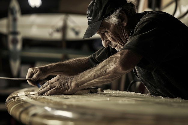 Un técnico de reparación de tablas de surf arreglando una aleta de tabla de surf dañada destacando las habilidades de reparación.