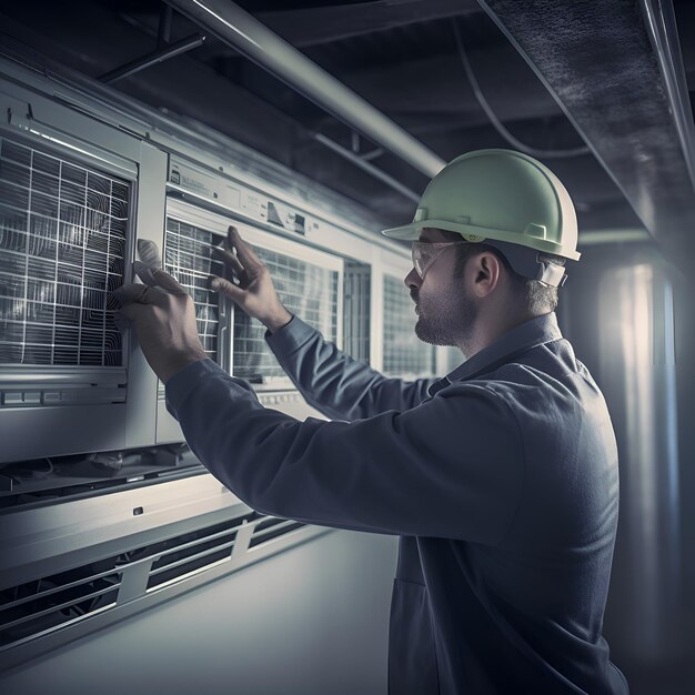 Técnico reparando el aire acondicionado en un gran centro de datos