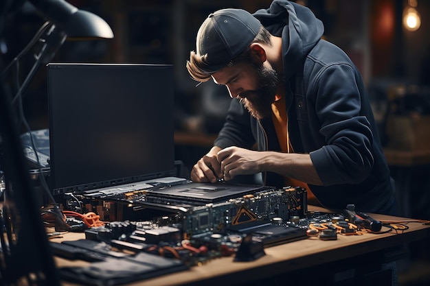 Técnico reparando una computadora por la noche Concepto de reparación y mantenimiento