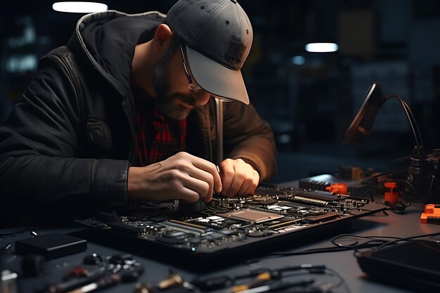 Técnico reparando um computador à noite Conceito de reparação e manutenção