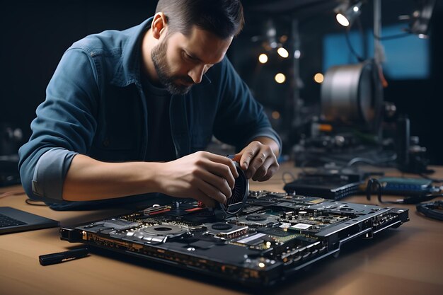 Técnico reparando um laptop em sua oficina Closeup