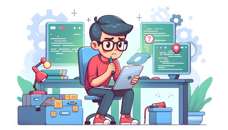 Foto técnico de resolución de problemas profesional de ti resolución de problemas complejos de software en el entorno de trabajo diario