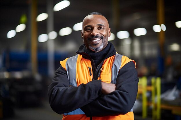 Técnico sonriente apoyado en la mesa en la industria