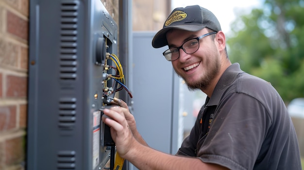 Técnico sonriente que atiende equipos eléctricos al aire libre Mantenimiento técnico de estilo casual de trabajo cotidiano Aparencia auténtica momento de trabajo sincero capturado por IA