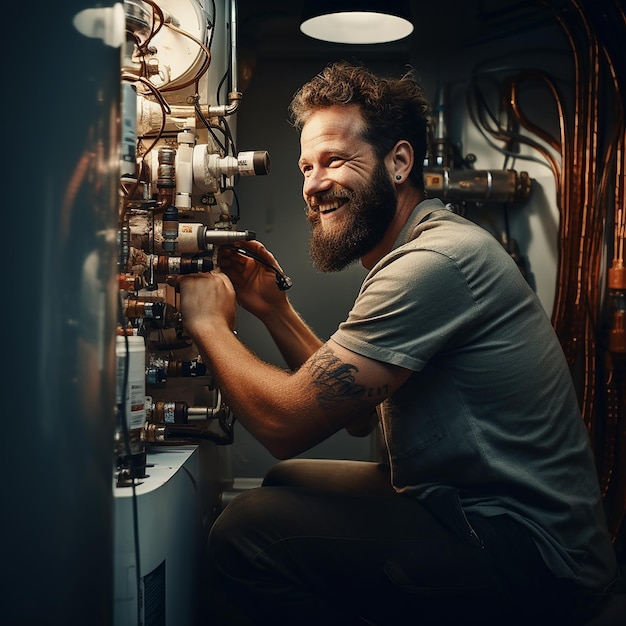 Técnico sonriente reparando el calentador de agua caliente