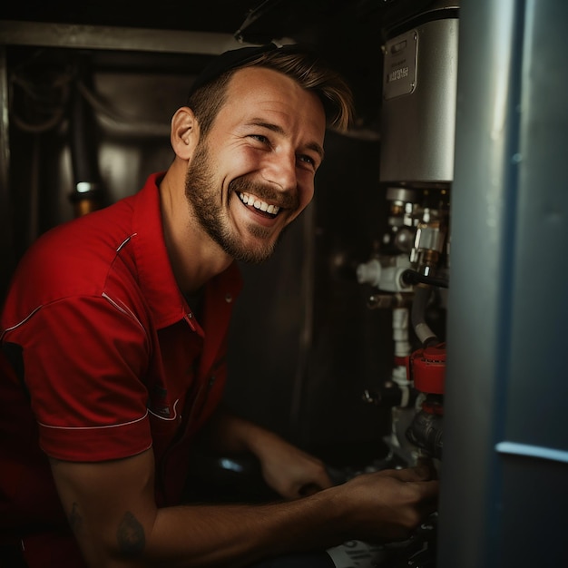 Técnico sonriente reparando el calentador de agua caliente