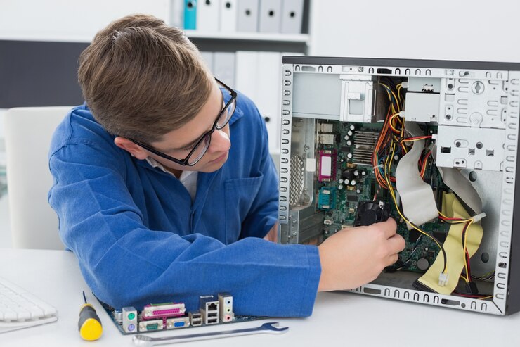 Foto técnico sonriente trabajando en una computadora rota