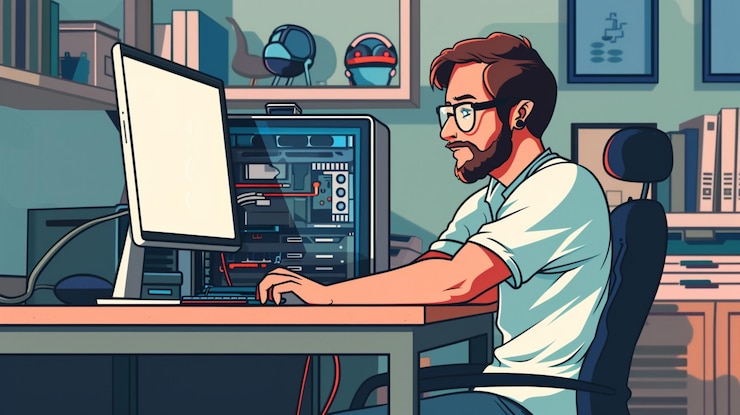 Foto técnico de soporte informático arreglando una computadora en un entorno de oficina