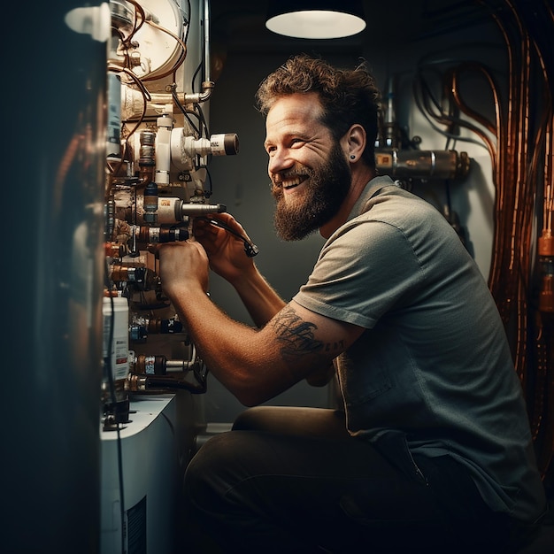 Técnico sorridente a reparar o aquecedor de água quente