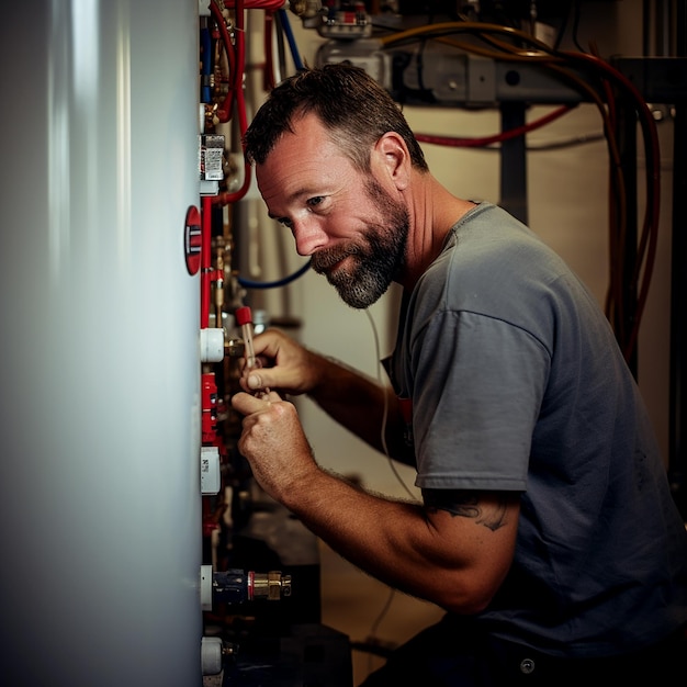 Técnico sorridente a reparar o aquecedor de água quente